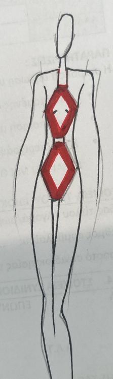 Pencil sketch of RHOMBOS with two red diamonds stacked on the body.