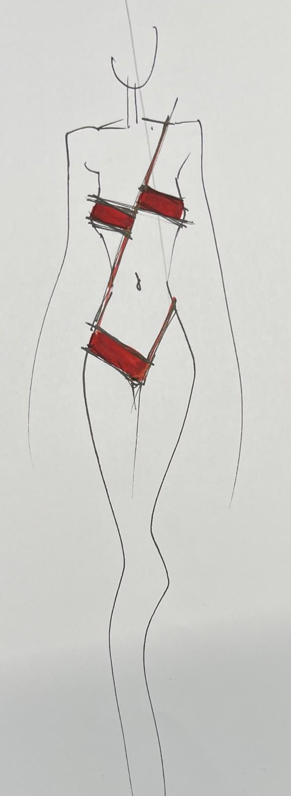 Pencil sketch of LOXA: one red stroke from shoulder to hip.